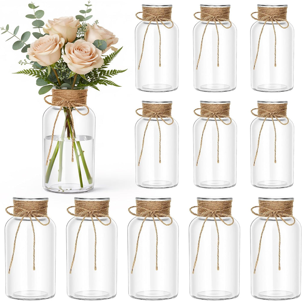 12Pack Mason Jars for Centerpiece Glass Flower Bud Vase Transparent Vases | White Decortive Jar Vintage Farmhouse Bulk for Weddings, Parties, Christmas & Home Decor