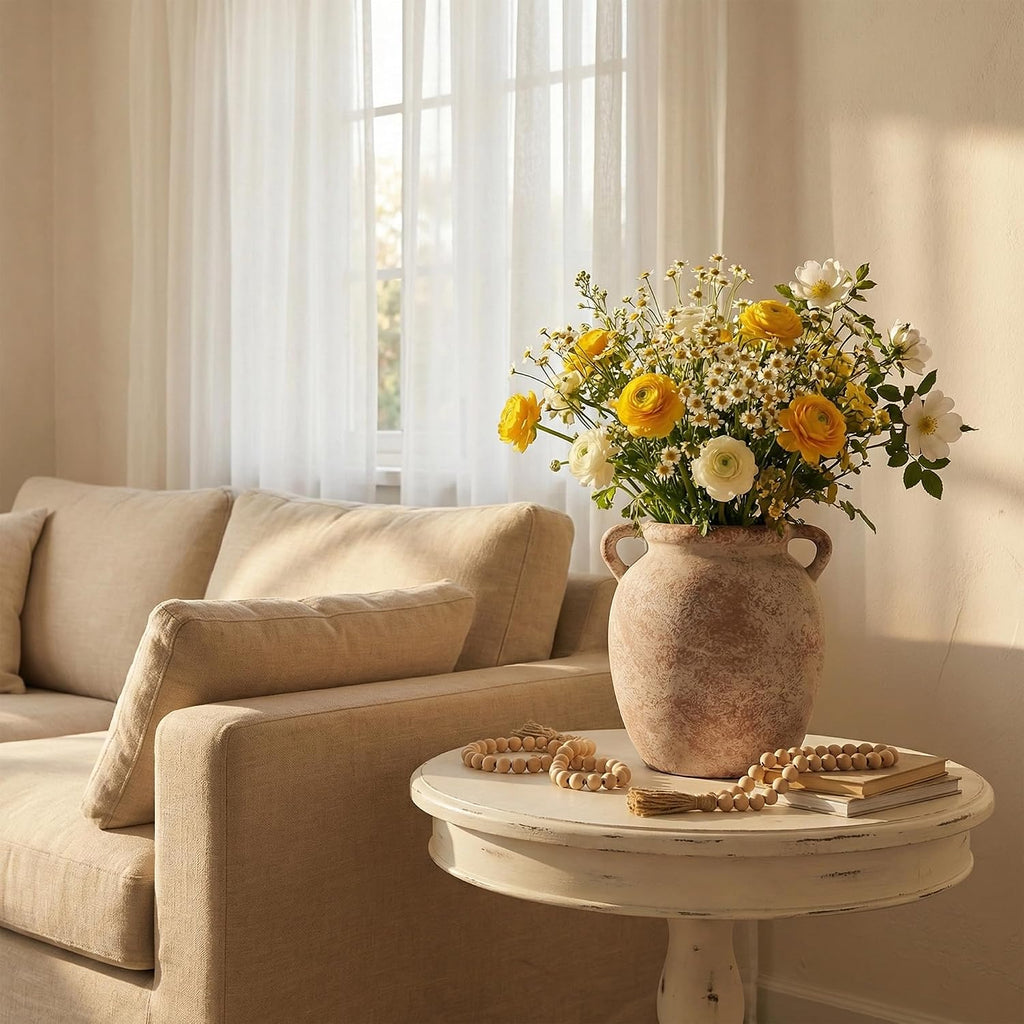 Ceramic Flower Vase Home Decor - 7.28Inch Farmhouse Rustic Vase,Double Handle Pottery Terracotta Vases for Living Room Dining Bedroom Table Decor Festive Decor Housewarming Gift