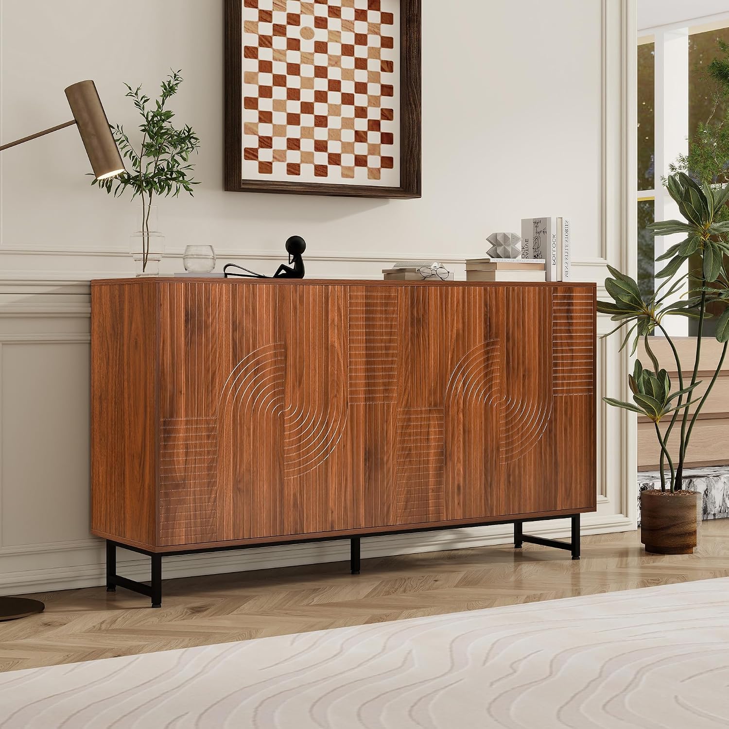 Mid-Century Modern Walnut Sideboard Buffet Cabinet, 59*16*33 inches Geometric Carved Storage Cabinet with Metal Legs, Coffee Bar Entryway Console Table Storage for Dinning Room, Living Room
