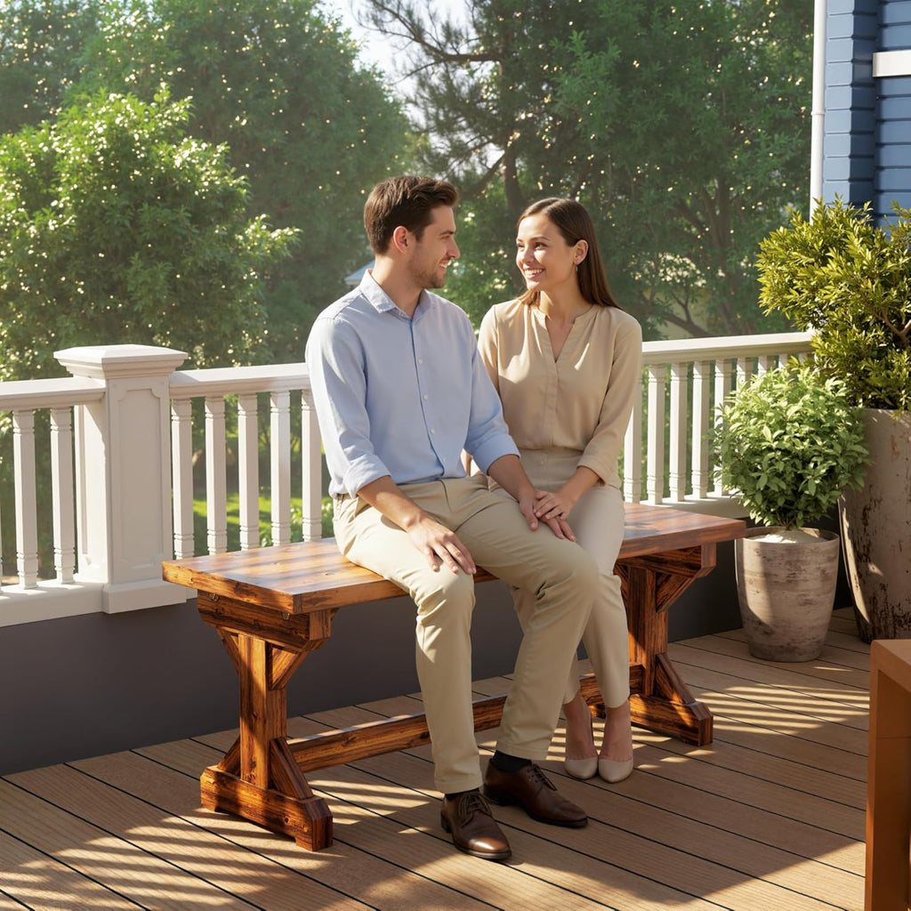 Outsunny Outdoor Wooden Bench, 2-Person Rustic Patio Garden Bench Seat, Backless Outdoor Loveseat with Farmhouse X-Shaped Base for Porch, Park, Lawn, Yard, Carbonized