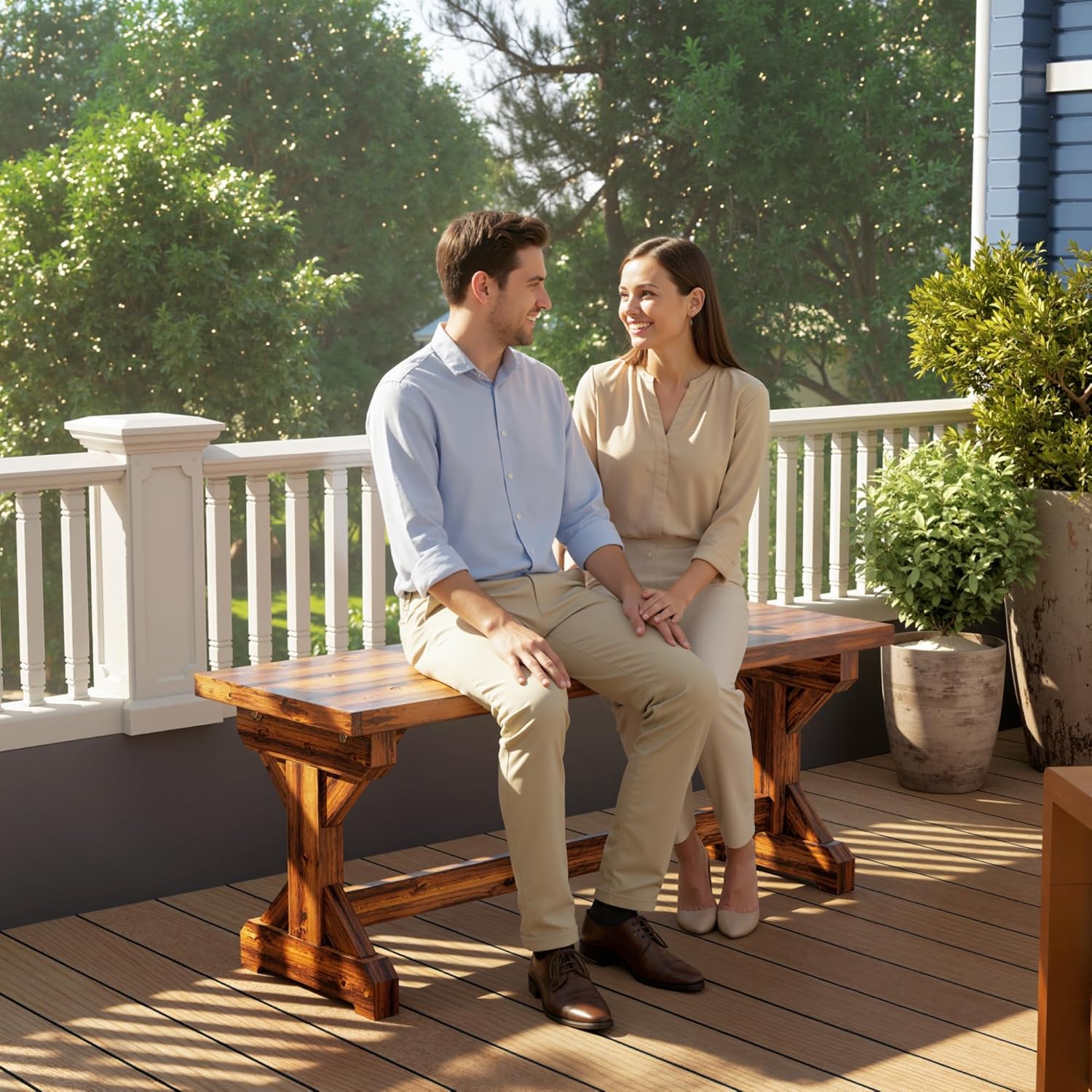 Outsunny Outdoor Wooden Bench, 2-Person Rustic Patio Garden Bench Seat, Backless Outdoor Loveseat with Farmhouse X-Shaped Base for Porch, Park, Lawn, Yard, Carbonized