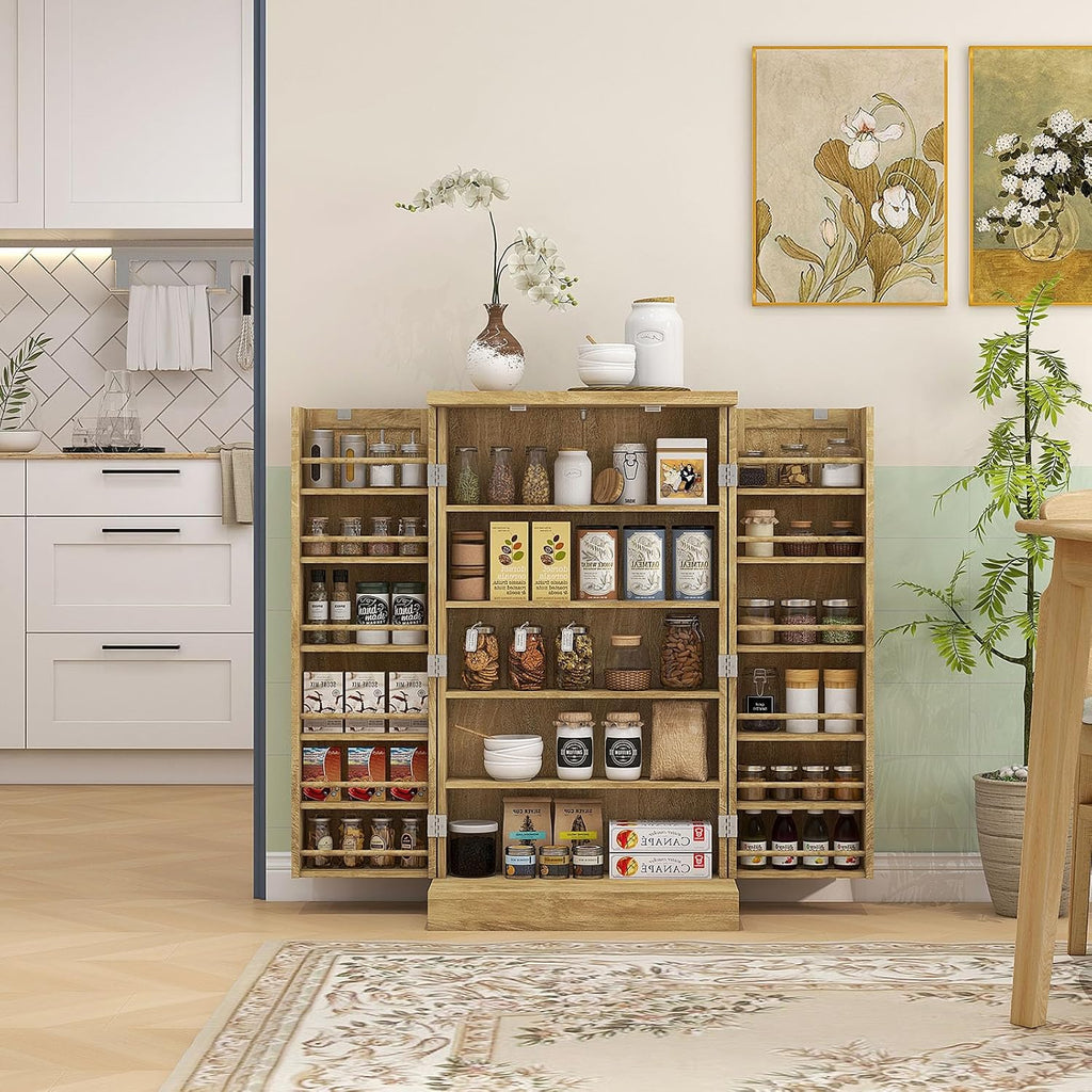 Pantry Storage Cabinet, 41" Kitchen Freestanding Kitchen Cabinet with 12 Door Shelves, Double Doors, 5-Tier Shelving and Adjustable Shelves, Natural