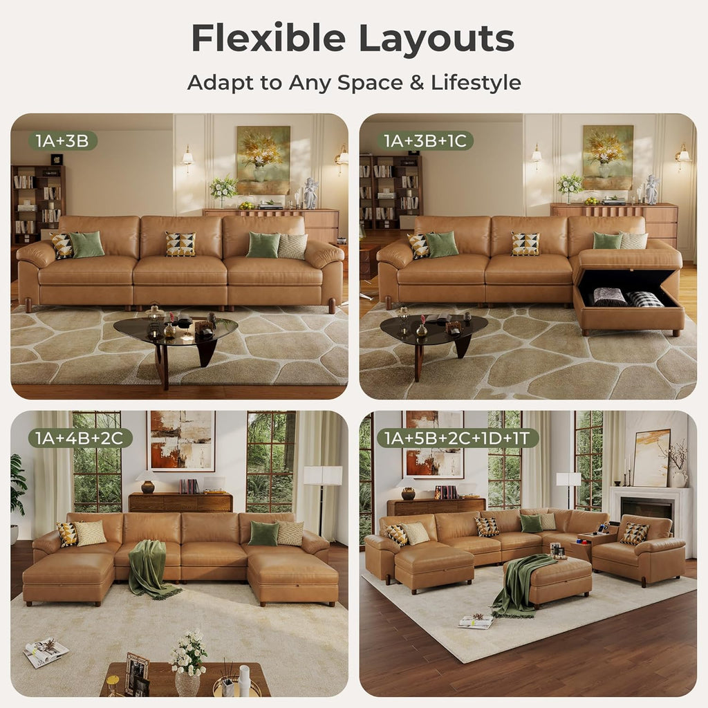 SITJOY Oversized Sectional Couches for Living Room, Extra Large Deep Seat Couch with Chaise, 118" Wide Couch, 3 Seater L Shaped Couch with Storage Ottoman, Pet-Friendly Leather in Brown