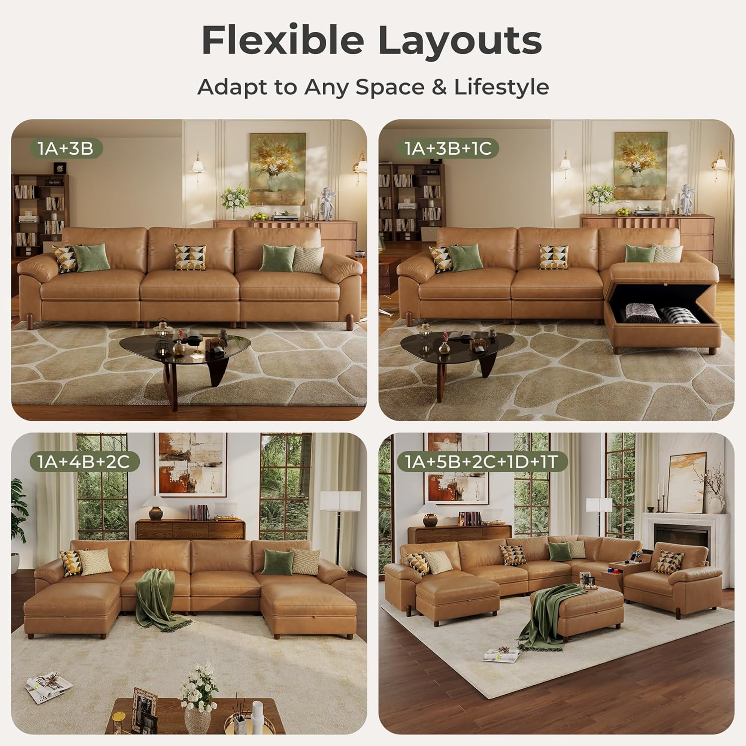 SITJOY Oversized Sectional Couches for Living Room, Extra Large Deep Seat Couch with Chaise, 118" Wide Couch, 3 Seater L Shaped Couch with Storage Ottoman, Pet-Friendly Leather in Brown