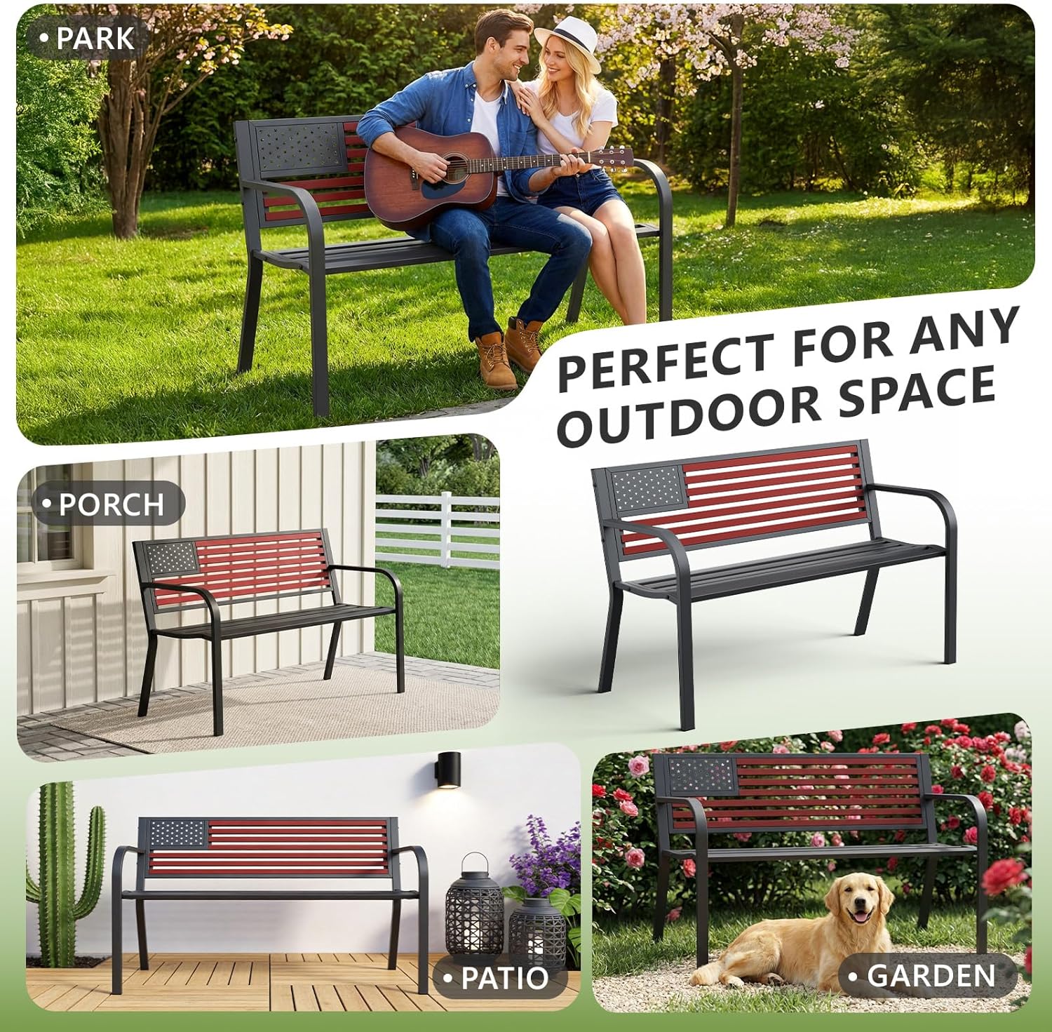 Outdoor Bench, Sturdy Metal Garden Bench with Classic Stars and Stripes Design Metal Backrest, 2-Person Patio Bench for Outside Seating, Cast Iron Steel Porch Yard Lawn Furniture, Red
