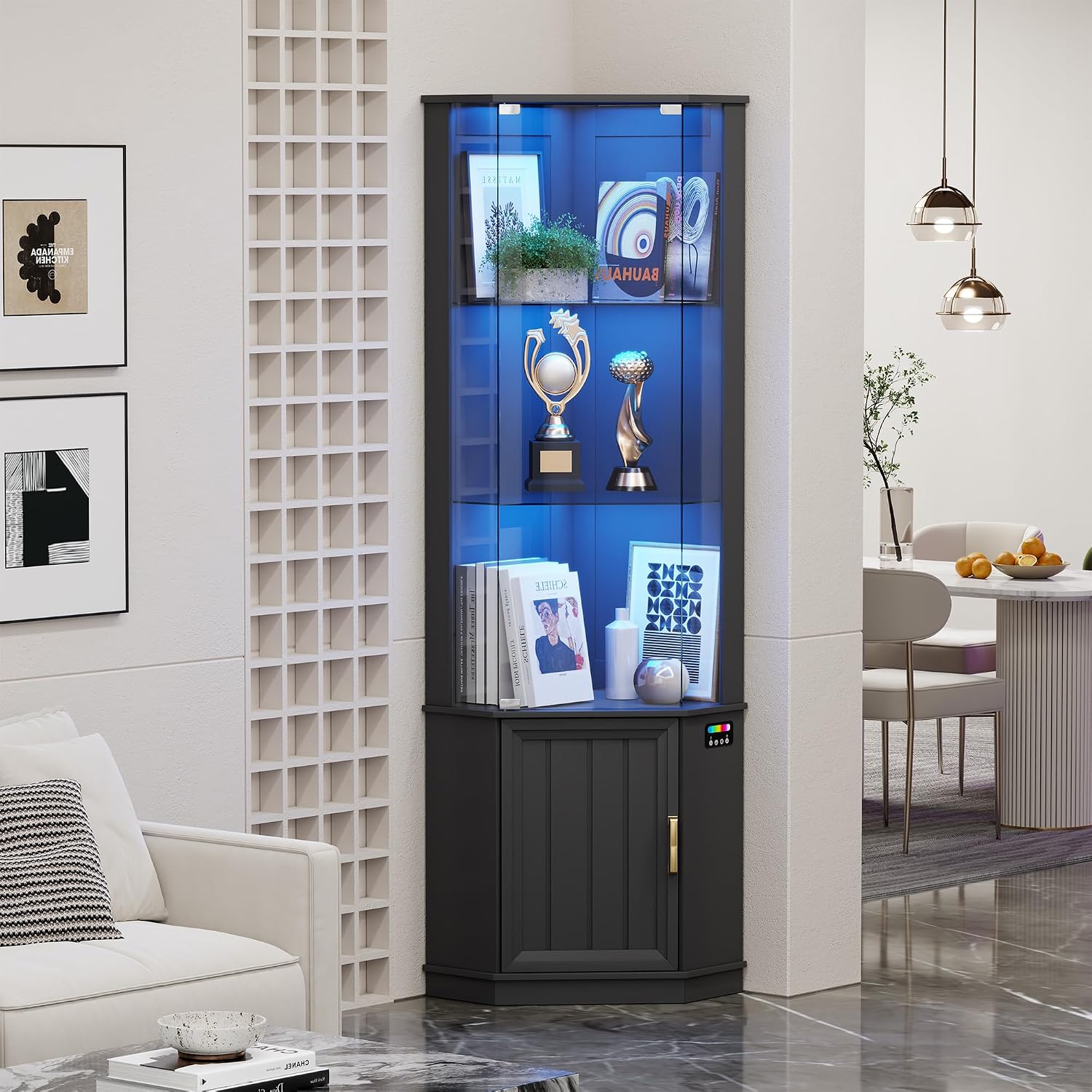 69" Corner Glass Display Cabinet with Human Body Sensor,3-Tier Movable Glass Shelves,Curio Display with RGB Lights,Bookcase with Storage Cabinet for Toys,Books,Collectibles,Liquor,Black