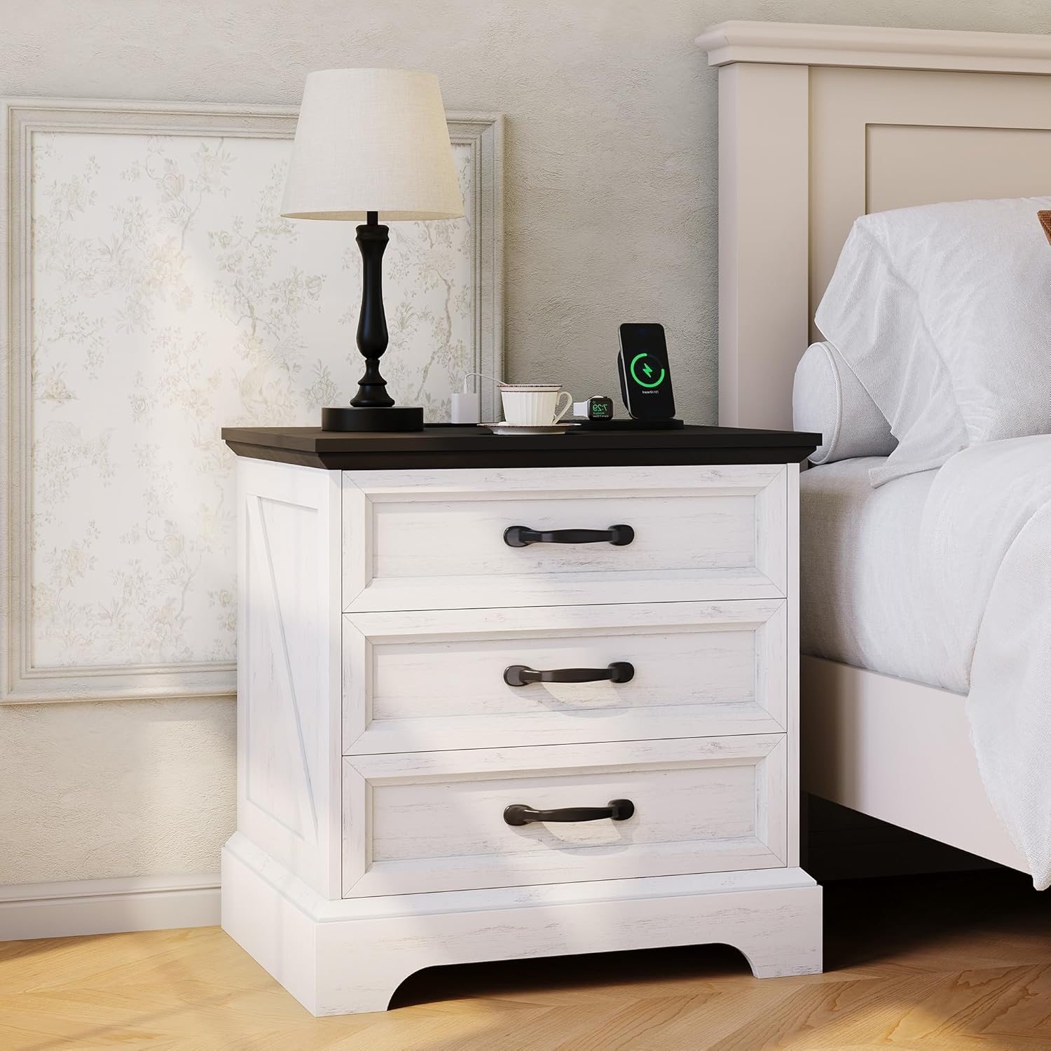 Garvee Modern Farmhouse Nightstand with Charging Station & 3 Large Drawers, Rustic 24.8 Inch Wide End Side Table Retro Wood Big Nightstand Beside Table for Living Room Bedroom, White