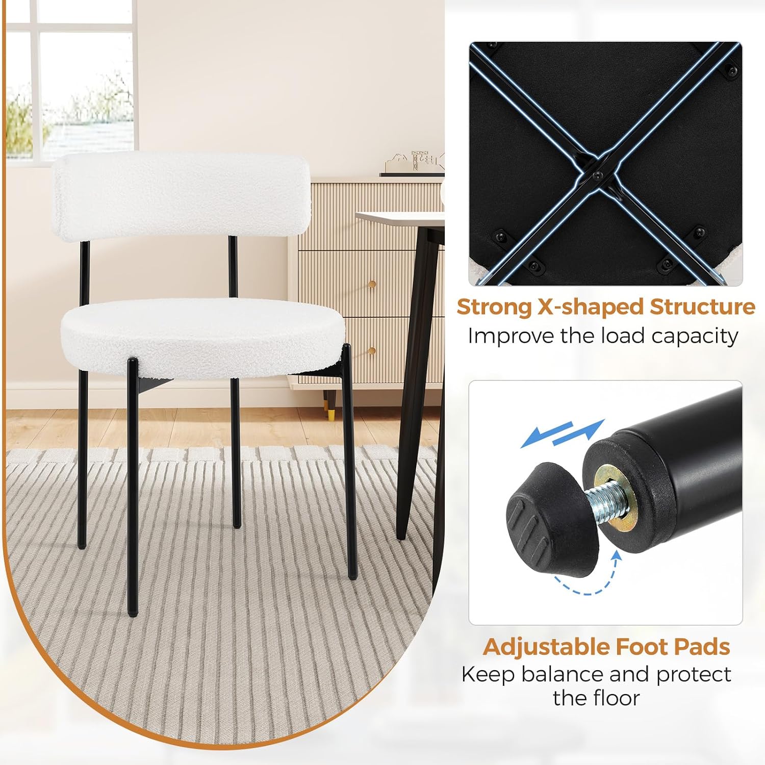 Giantex Sherpa Dining Chairs Set of 4, Upholstered Round Kitchen Chairs with Curved Backrest & Metal Legs, Modern Armless Side Chairs, White Boucle Accent Chairs for Dining Room, Living Room