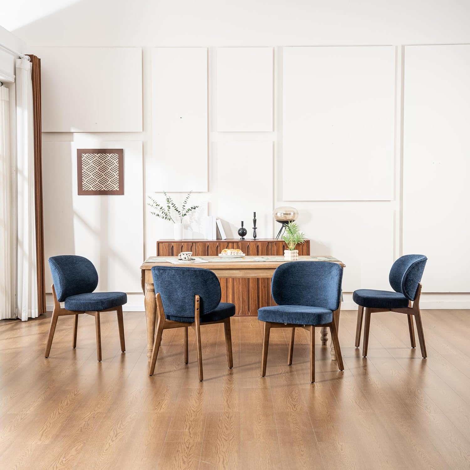 YOUNIKE Dining Chairs Set of 6 Mid Century Modern Kitchen Chair with Back Boucle Fabric Upholstered Armless Chair 20" Wide Padded Seat with Wooden Legs for Kitchen Dining Living Room Bedroom Navy Blue