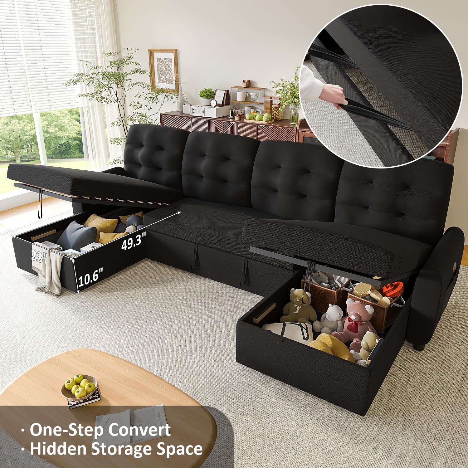 Ucloveria Sectional Sleeper Sofa Bed, 112" U-Shaped Sectional Couches for Living Room with Pull Out Bed, Oversize Couch Bed with Dual Reversible Storage Chaise | USB Charging | Side Pockets, Black
