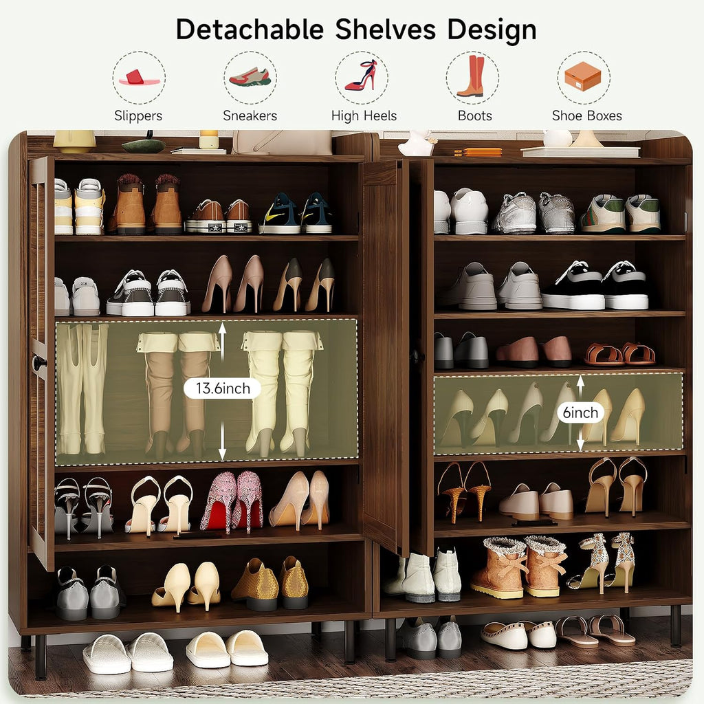 ONBRILL Shoe Cabinet with Cross Molding Doors, 6-Tier Shoe Storage Cabinet with 3 Adjustable Shelves and Metal Legs, 45'' Tall Shoes Rack Organizer Cabinet for Entryway, Front Door, Walnut