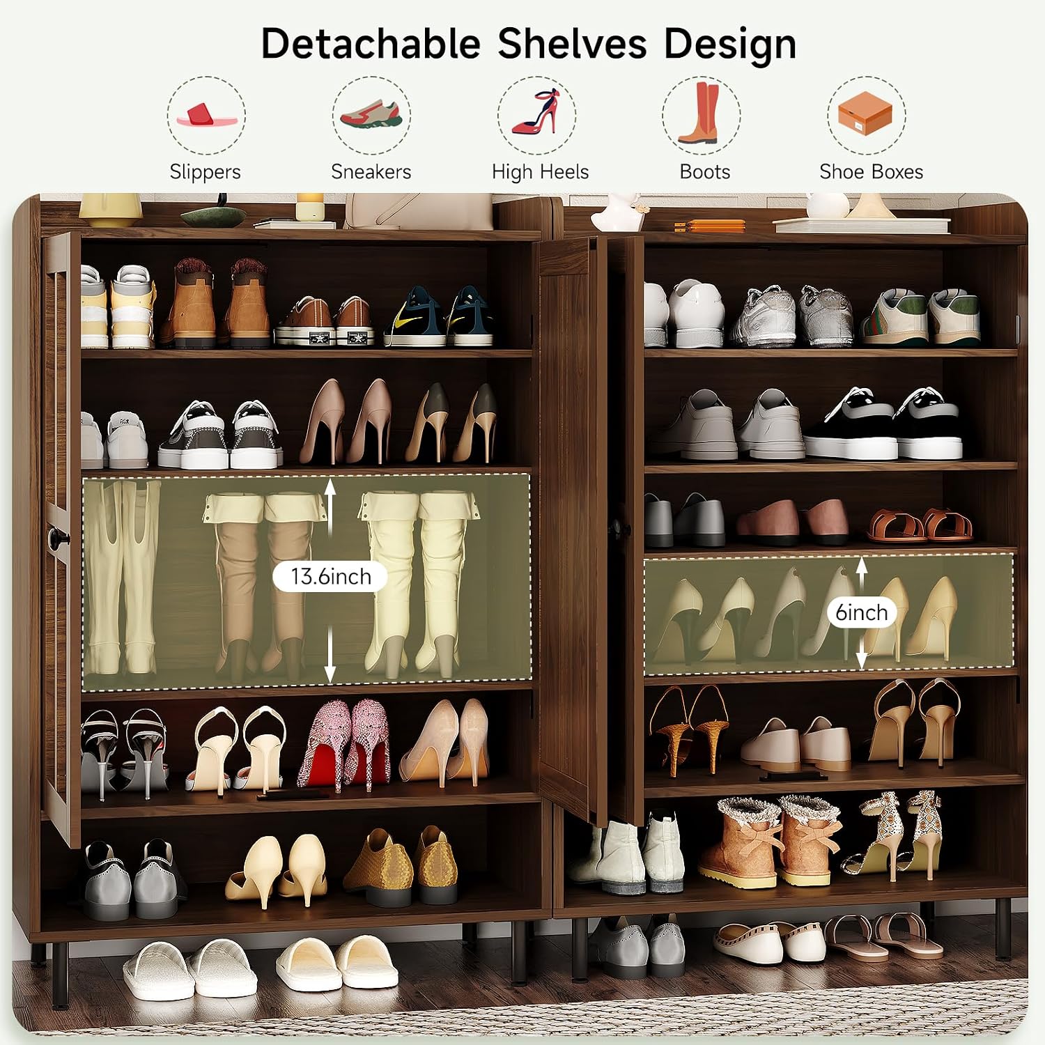 ONBRILL Shoe Cabinet with Cross Molding Doors, 6-Tier Shoe Storage Cabinet with 3 Adjustable Shelves and Metal Legs, 45'' Tall Shoes Rack Organizer Cabinet for Entryway, Front Door, Walnut