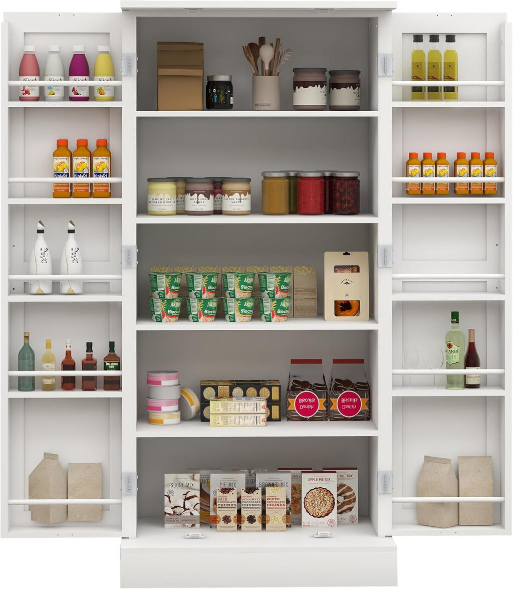 50" LED Kitchen Pantry Storage Cabinet Food Cabinet Freestanding Buffet Cupboards Sideboard with 2 Doors with Racks and Shelves for Small Space in Kitchen, Living Room and Dinning Room