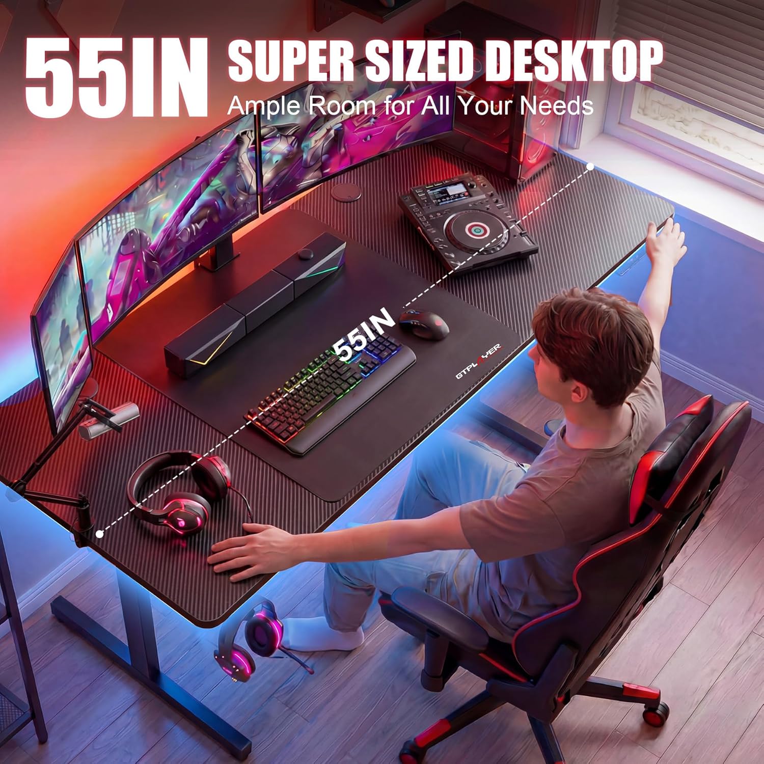 GTPLAYER 55 Inch Gaming Desk with LED Lights, Large Computer Desk with Mouse Pad for Home Office, T-Shaped Carbon Fibre Surface PC Game Workstations with Headphone Hook