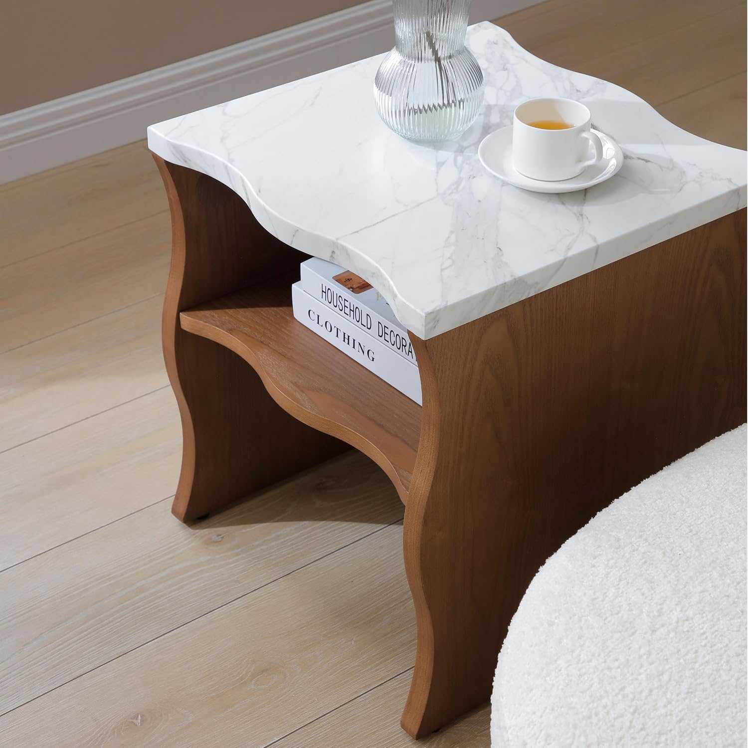 17.72" Whisper of Waves Modern End Table with Storage Shelf, Faux Marble Top & Natural Wood-Veneered Base, Nightstand Side Table for Bedroom, Living Room Accent Table, Walnut Brown