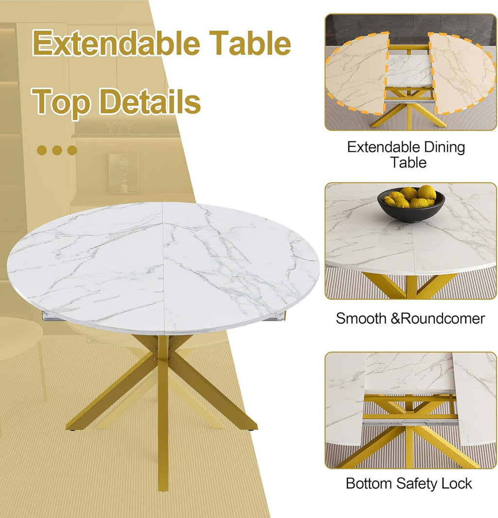 42''-59'' Extendable Dining Room Table for 4-6, White Marble Round Dining Table, Modern Kitchen Circle Oval Dinner Table with Carbon Steel Base Removable Leaves Space Saving, Mid-Century