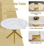 42''-59'' Extendable Dining Room Table for 4-6, White Marble Round Dining Table, Modern Kitchen Circle Oval Dinner Table with Carbon Steel Base Removable Leaves Space Saving, Mid-Century