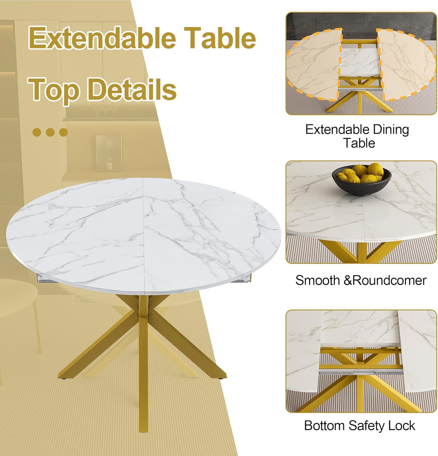 42''-59'' Extendable Dining Room Table for 4-6, White Marble Round Dining Table, Modern Kitchen Circle Oval Dinner Table with Carbon Steel Base Removable Leaves Space Saving, Mid-Century