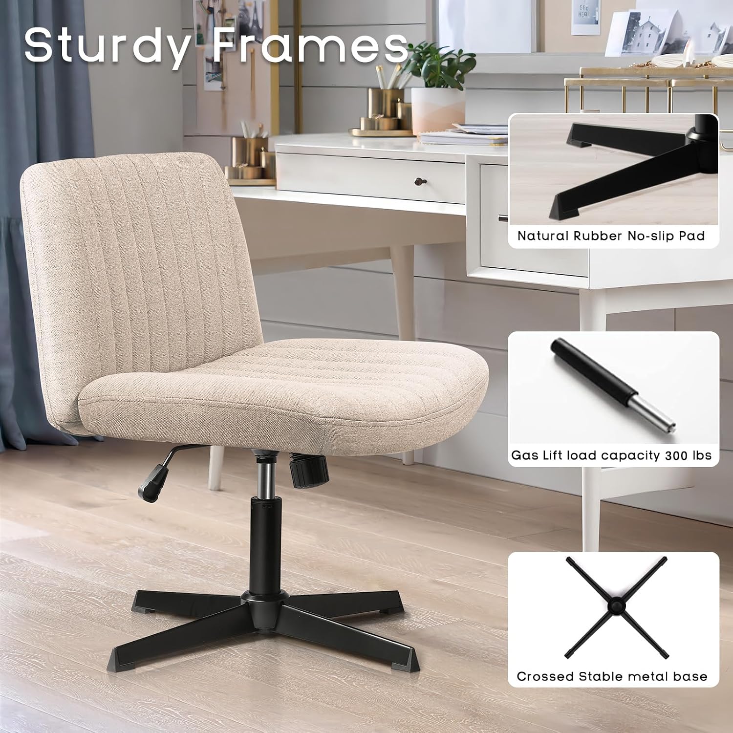 PUKAMI Criss Cross Chair,Comfy Cross Legged Office Desk Chair No Wheels,Modern Fabric Swivel Adjustable Height Mid Back Wide Seat for Home Office Computer (Beige)