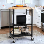 Mythinglogic Foldable Kitchen Storage Cart, 3-Tier Rolling Cart with Solid Oak Top, Heavy-Duty Metal Utility Rack for Microwave, Pots, Dish Set, Meal Prep Area, Kitchen Island on Lockable Wheels
