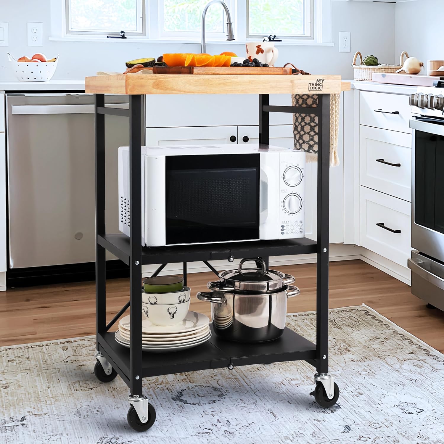 Mythinglogic Foldable Kitchen Storage Cart, 3-Tier Rolling Cart with Solid Oak Top, Heavy-Duty Metal Utility Rack for Microwave, Pots, Dish Set, Meal Prep Area, Kitchen Island on Lockable Wheels
