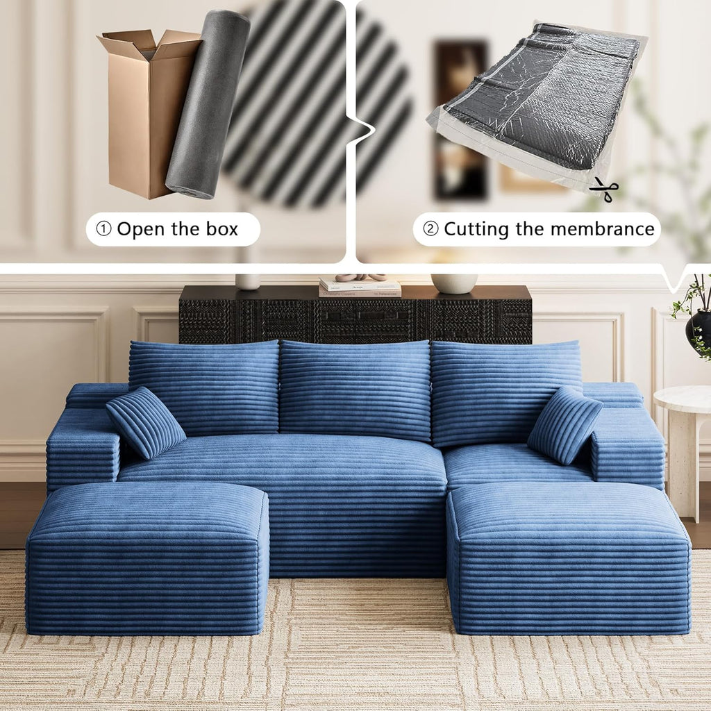 Modular Sectional Sofa Cloud Couch, 108'' Comfy U Shaped Sectional Couches for Living Room, Deep Seat Cozy Fluffy Corduroy Boneless Couch Sectionals Sofa with Movable Ottomanm, Blue