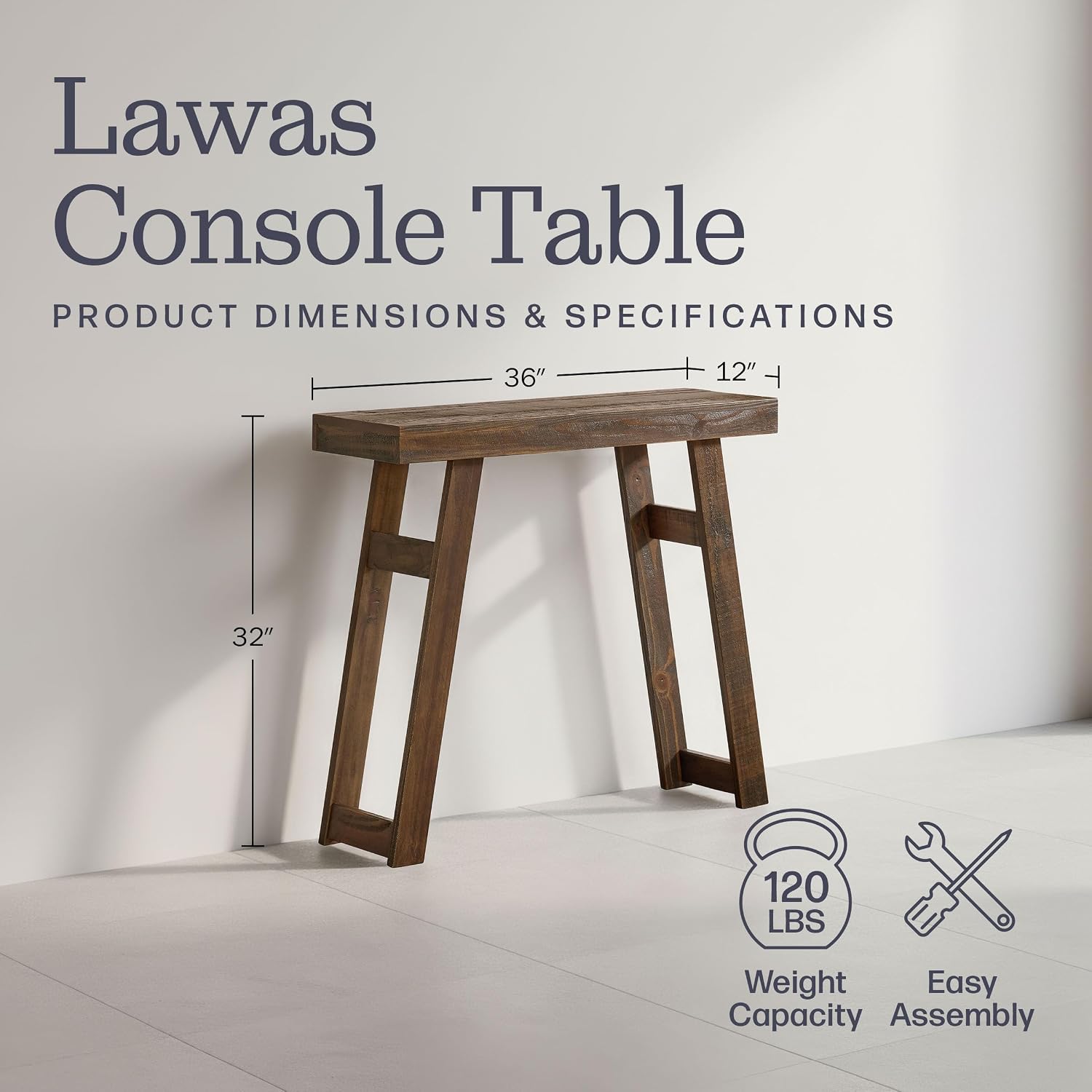 Alaterre Furniture Lawas Solid Wood Console Table - 36 Inch Modern Farmhouse Small Entryway Table - Easy Assembly Living Room Furniture for Behind The Couch, Entryway, or Hallway (Brown)
