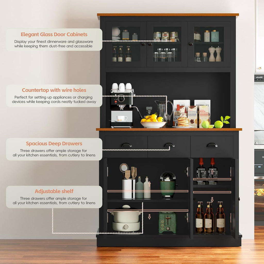 MU 71" Kitchen Pantry Cabinet with Charging Station, Tall Pantry Hutch with Drawers, Countertop & Microwave Shelf, Food Storage Cabinet for Dining Room & Coffee Bar, Black