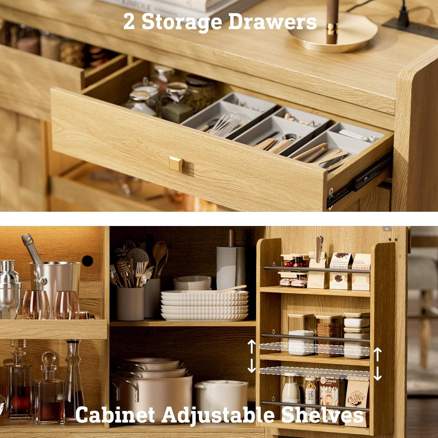STO'SENSE 55" Sideboard Buffet Cabinet with Charging Station & LED Light, Coffee Bar Cabinet with Drawers, Pull-Out Shelf & Door Rack, Modern Storage Cabinet for Kitchen, Dining Room