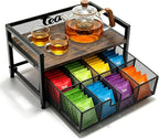2 Tier Tea Bag Organizer - 8 Drawer Sliding Tea Box Organizer, Tea Bar Accessories Organizer for Countertop, Bar Station, Kitchen (Rustic Brown)