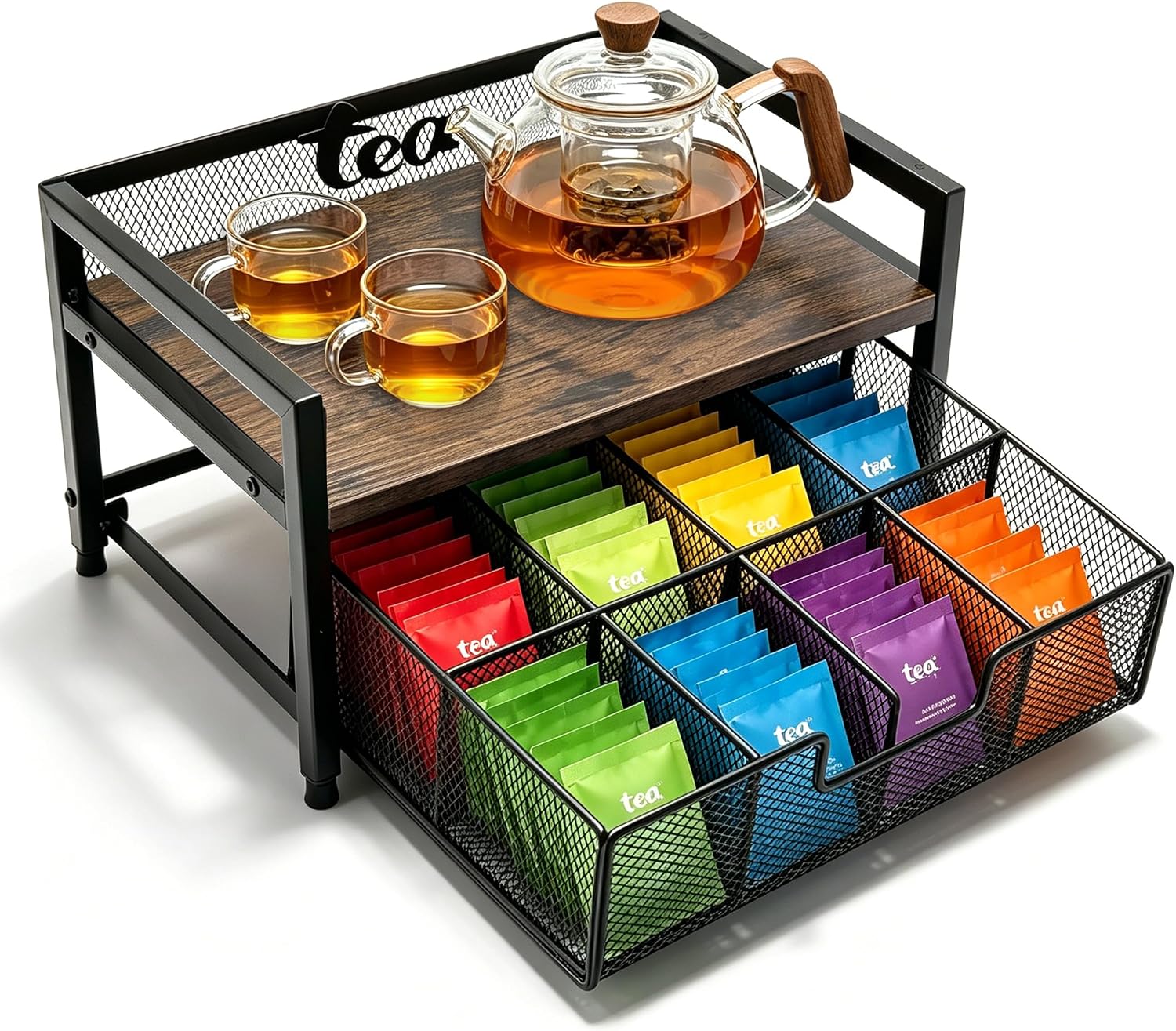 2 Tier Tea Bag Organizer - 8 Drawer Sliding Tea Box Organizer, Tea Bar Accessories Organizer for Countertop, Bar Station, Kitchen (Rustic Brown)