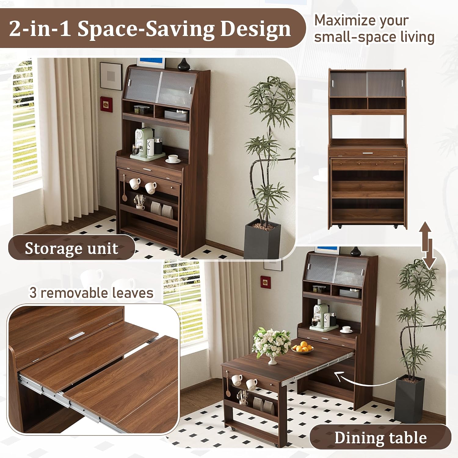 L-Shaped Kitchen Pantry with Hutch and Foldable Dining Table, Sideboard Buffet Cabinet with Sotrage Shelf and Side Hooks, Foldable Cupboard for Kitchen, Dining Room, Walnut