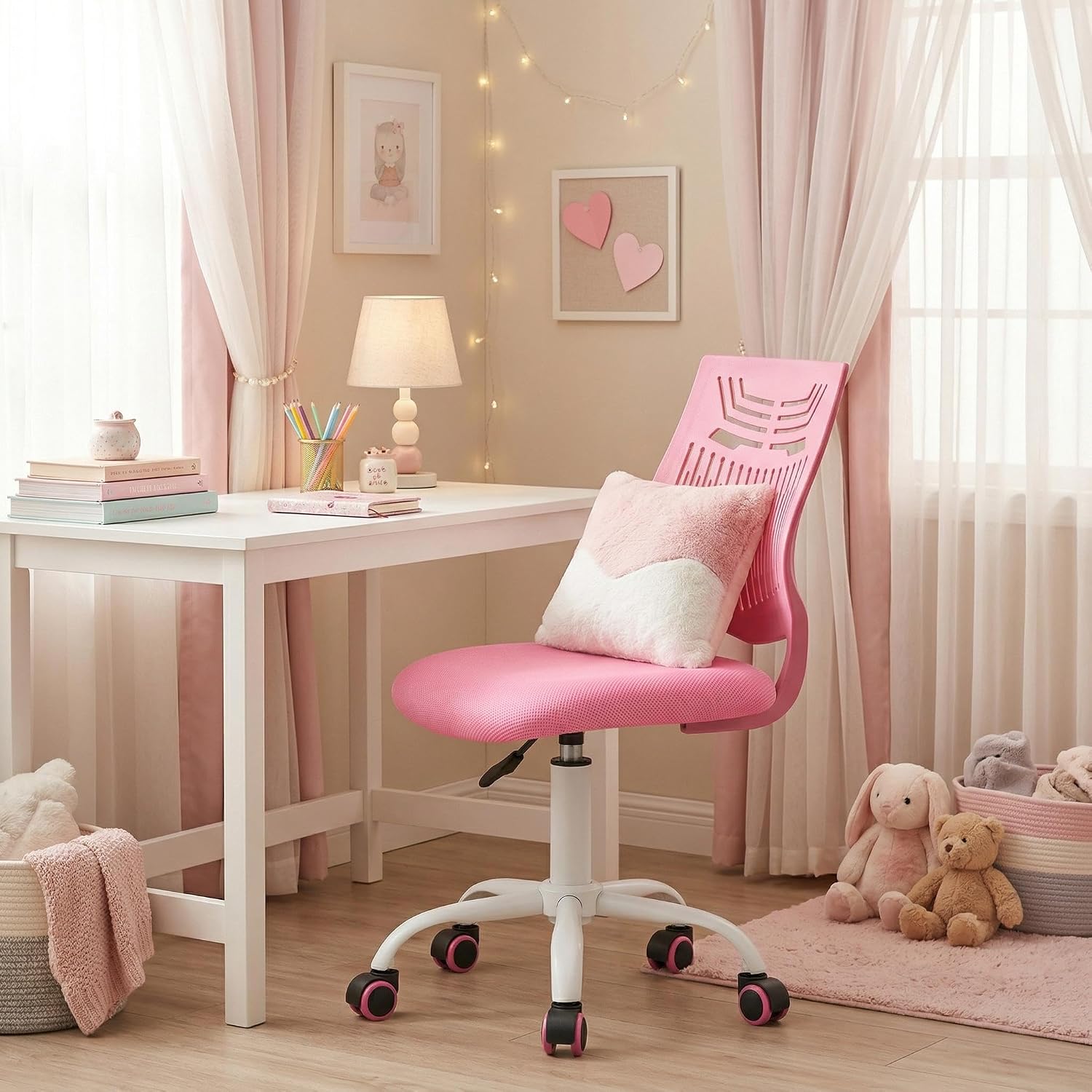 FurnitureR Desk Chair Armless Cute Home Office Desk Chair for Kids, Swivel Computer Task Chair Study Chair with Mesh Padded Cushion and Rolling Wheels for Child, Pink