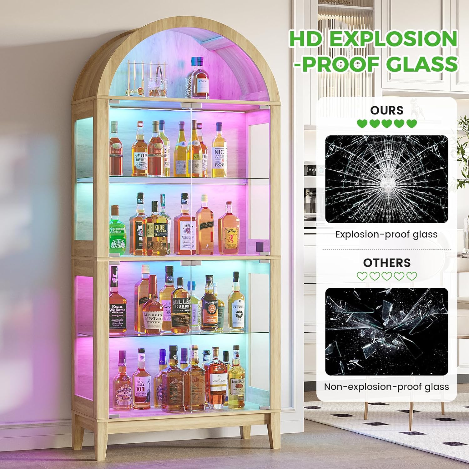 HNEBC Arched Display Case with RGB Lights, 69" Tall 5-Tier Tempered Glass Display Cabinet with Doors, LED Curio Cabinet with Shelf, Bookcase with Music-Synced Lighting for Living Room(Natural)