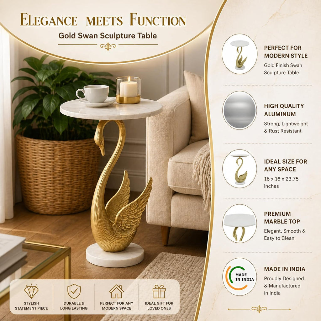 Swan Side Table with White Marble Top | Decorative Sculptural End Table | Aluminum Base | Gold Accent Table for Living Room | 16x16x23.75