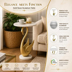 Swan Side Table with White Marble Top | Decorative Sculptural End Table | Aluminum Base | Gold Accent Table for Living Room | 16x16x23.75