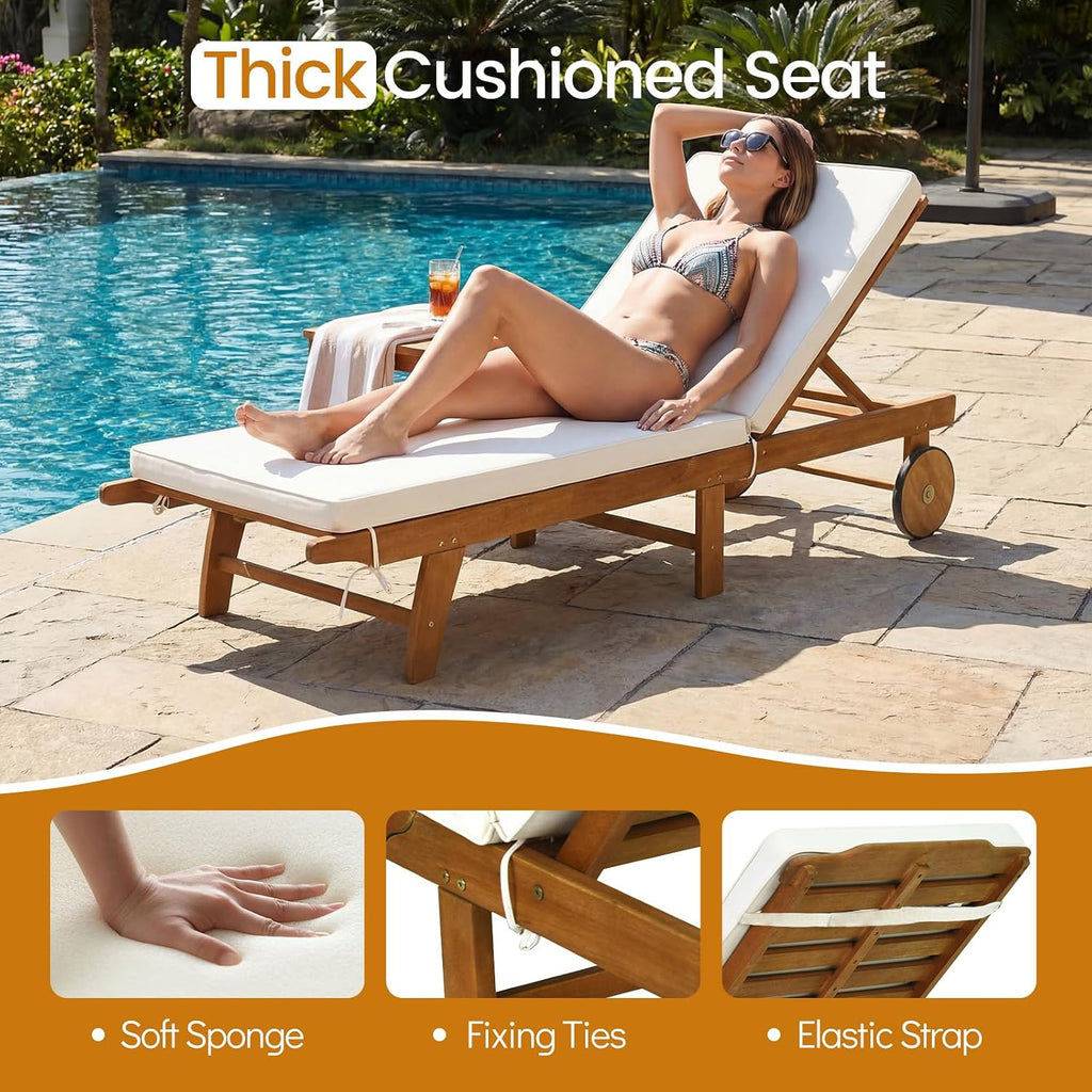 Tangkula Folding Lounge Chairs Outdoor Set of 2, Patio Eucalyptus Wood Chaise Lounge with 5-Level Adjustable Backrest & Cushions, Portable Beach Pool Sunbathing Recliner with Wheels for Outside