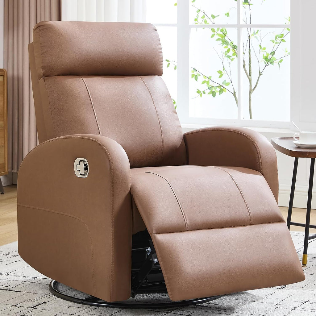 Swivel Rocker Recliner Chairs, Manual Faux Leather Recliners, 360° Swivel Nursery Reclining Chair Glider Rocking Recliner with Adjustable Headrest Highback for Living Room, PU Coffee