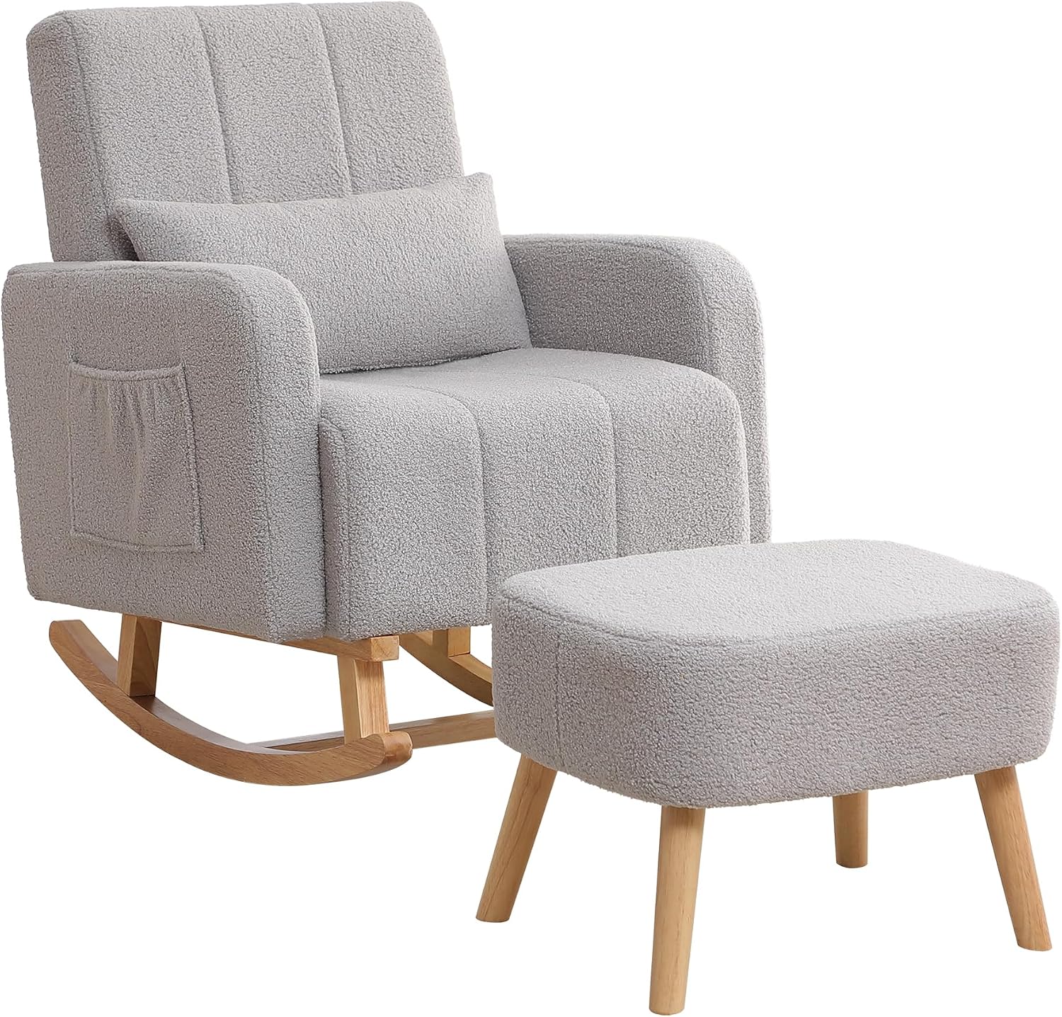 HCHAIRH Nursery Rocking Chair with Ottoman, Upholstered Glider Rocker with High Backrest Side Pocket, Rocking Accent Armchair with Solid Wood Legs for Nursery, Living Room, Bedroom, Light Grey