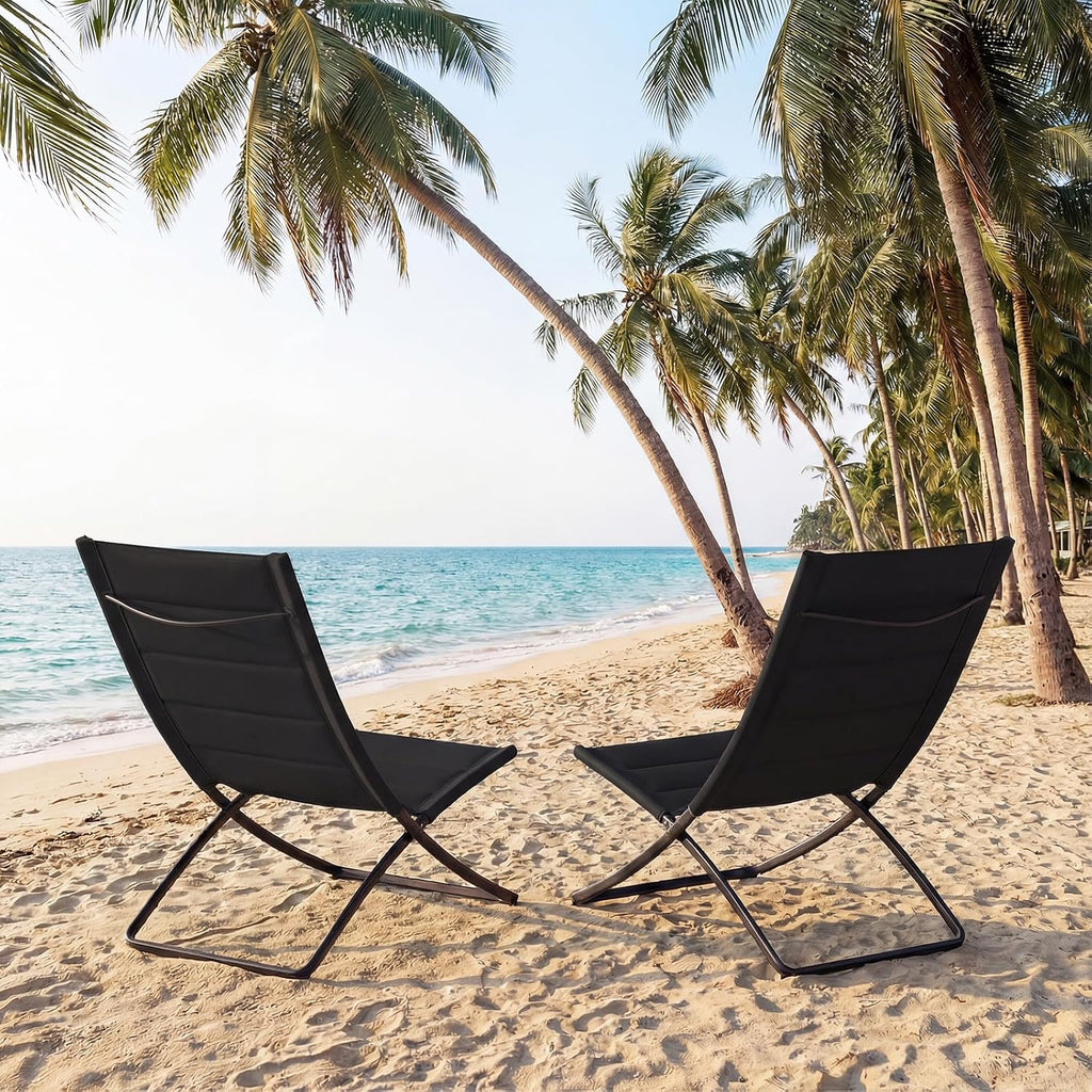 Set of 2 Folding Outdoor Chairs, Portable Padded Sling Lounger for Beach, Garden, Patio, Lawn, Poolside - Comfortable Recliner in Black Black 90 x 57 x 87cm