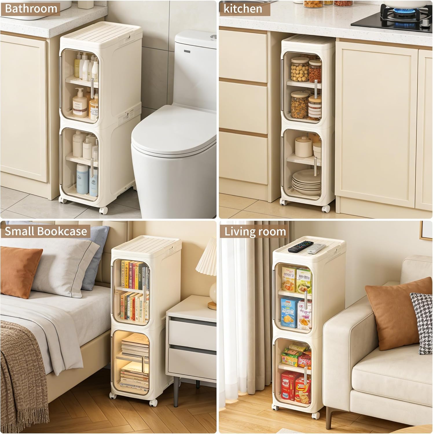 LXLXXL Narrow Storage Cabinet Slim Bathroom Storage Cabinet with Movable Wheels Tall Bathroom Organizer Skinny Cabinet for Small Spaces，2-Tier Beige