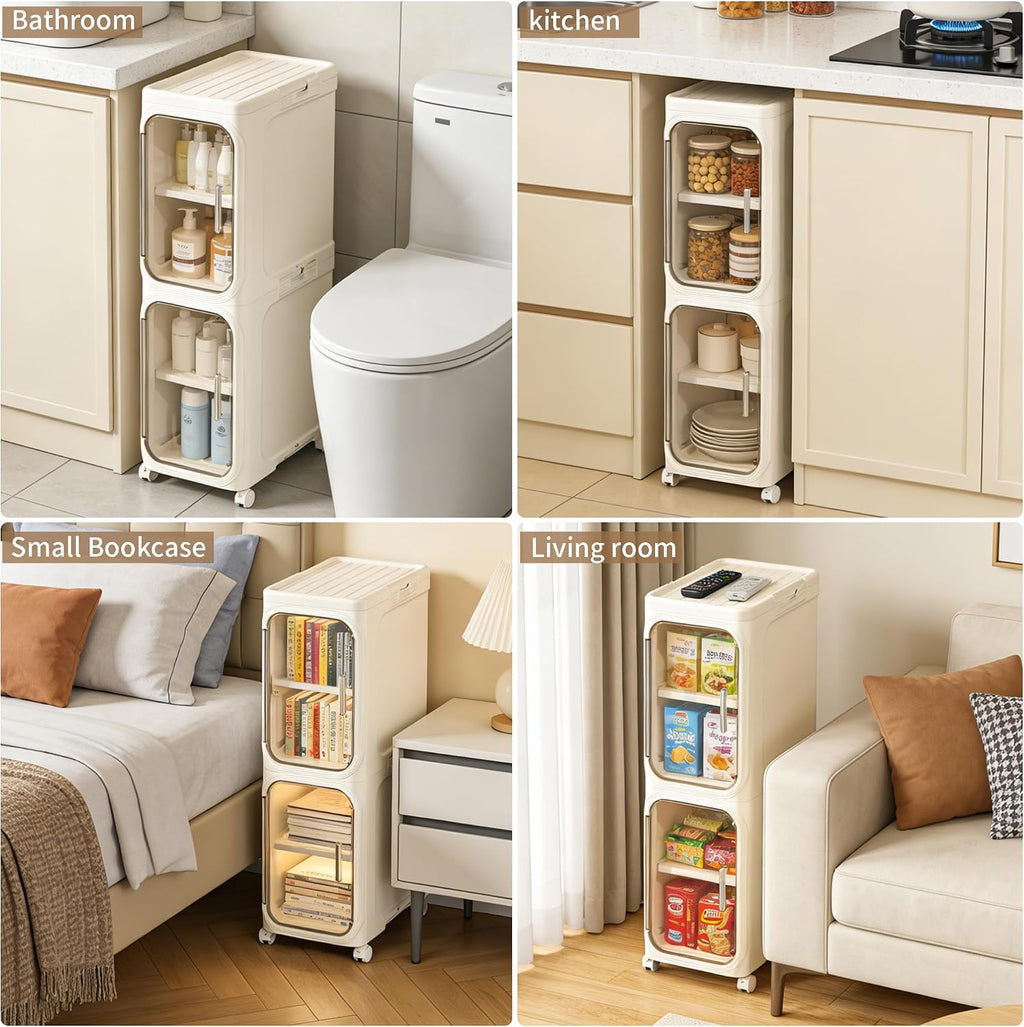 LXLXXL Narrow Storage Cabinet Slim Bathroom Storage Cabinet with Movable Wheels Tall Bathroom Organizer Skinny Cabinet for Small Spaces，2-Tier Beige