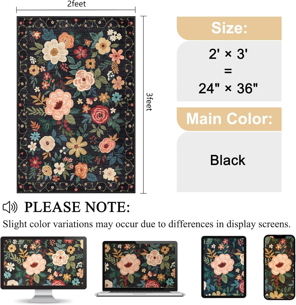 DUKINO 2x3 Rugs for Entryway, Floral Indoor Washable Door Mat, Non Slip Boho Small Rug for Kitchen, Soft Low Pile, Front Door Throw Rug for Entrance, Bedroom, Kitchen, Laundry, Bathroom, Black