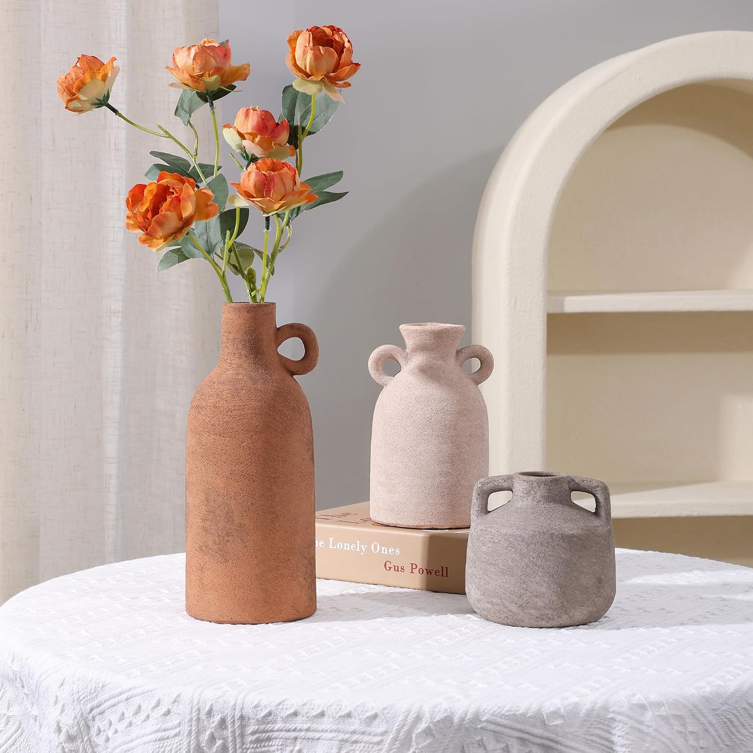 Ceramic Vase Set, 3Pcs Flower Vases for Modern Boho Farmhouse Decor, Decorative Vases for Pampas Grass & Dried Flowers, Distressed Finish