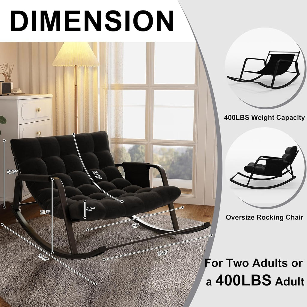 lavimiya Double Papasan Rocking Chair with Cushion, Patio Loveseat Rocker | Black, Thick tufted padding, 400 lbs capacity, side storage pocket, ideal for living room, porch, and garden