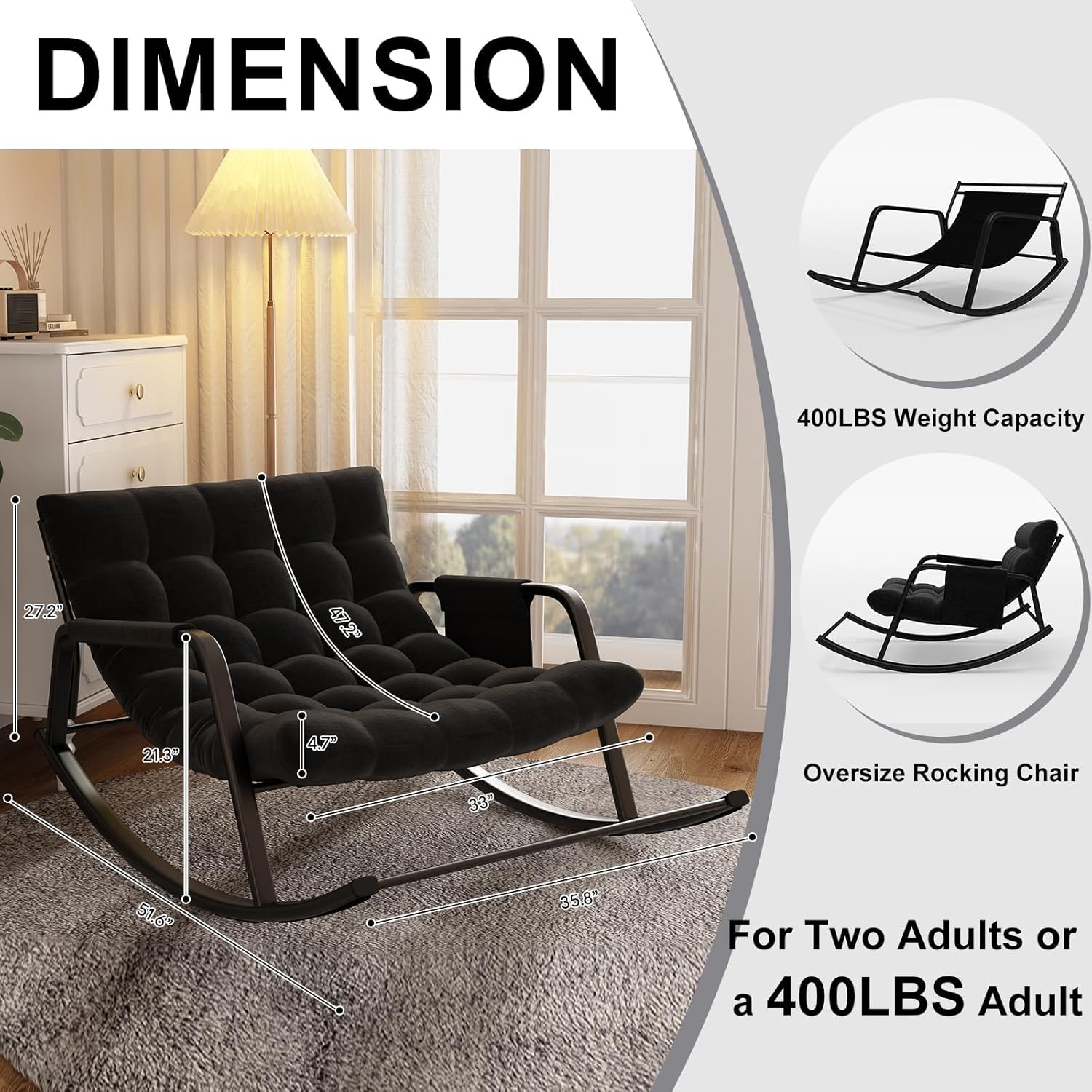 lavimiya Double Papasan Rocking Chair with Cushion, Patio Loveseat Rocker | Black, Thick tufted padding, 400 lbs capacity, side storage pocket, ideal for living room, porch, and garden
