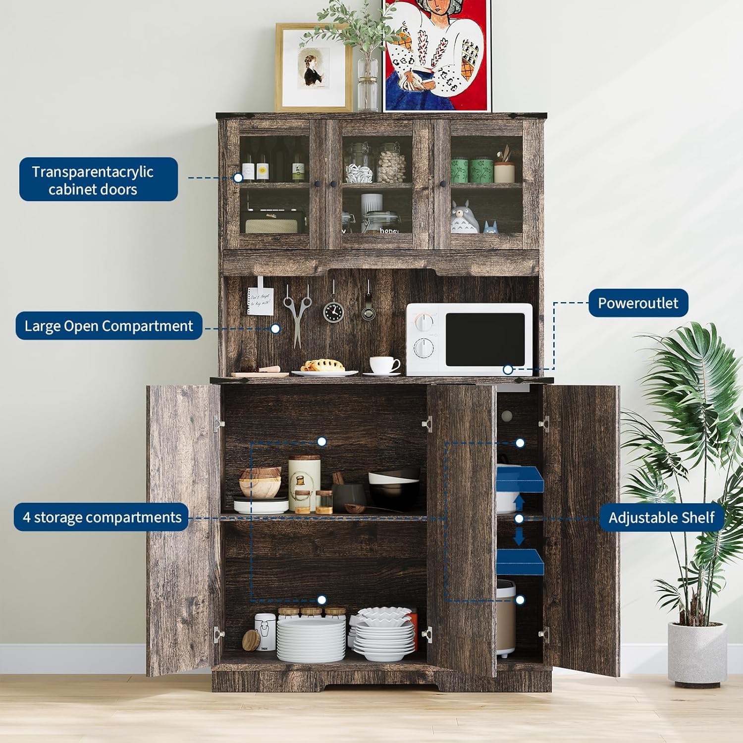 IDEALHOUSE Farmhouse Kitchen Pantry Cabinet with Charging Station & Storage Cabinet & Glass Display, 70" Tall Freestanding Hutch Cupboard with Countertop for Dining Room Living Room, Brown Wood