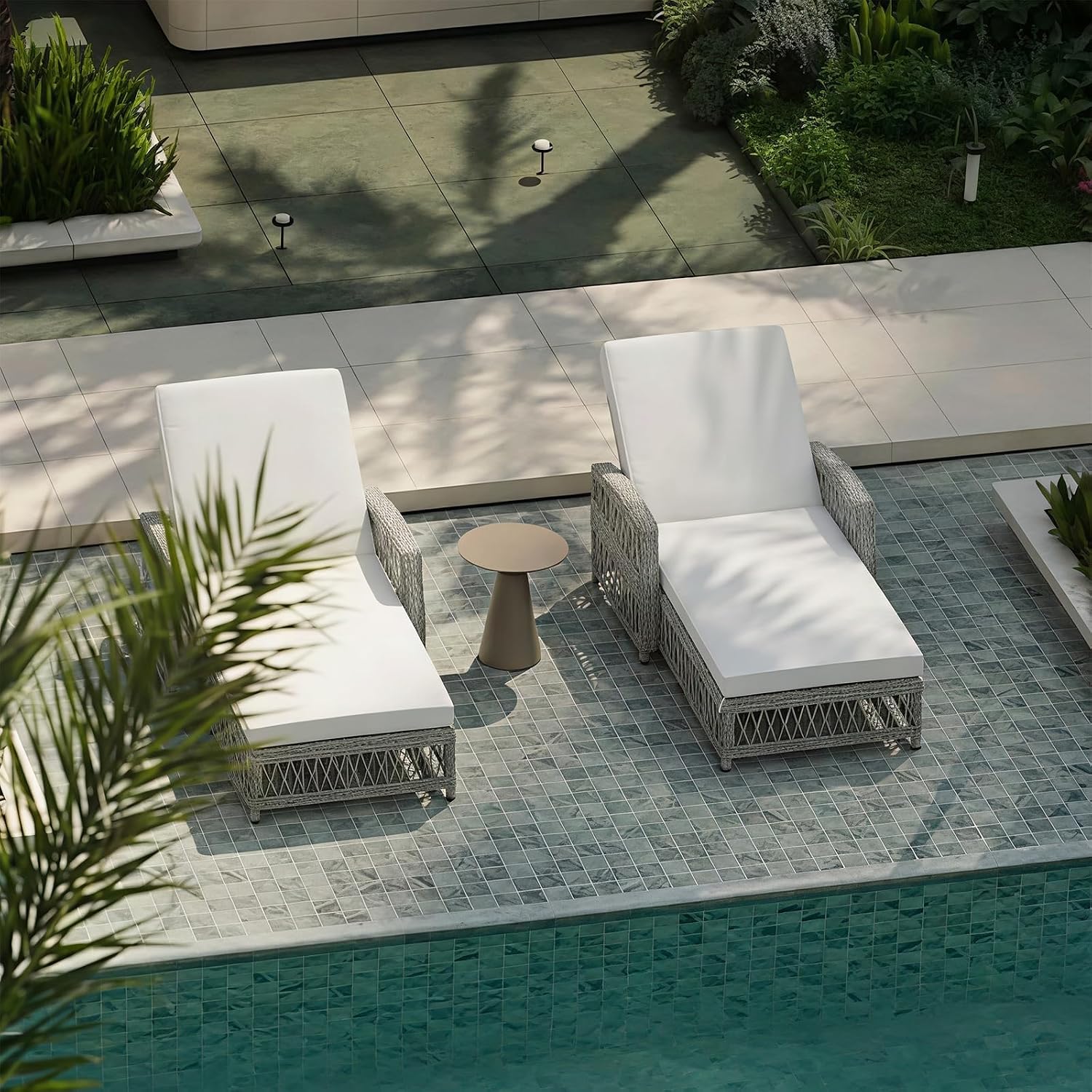 Wicker Chaise Lounge Set of 2, Outdoor Patio Lounge Chair with Adjustable Backrest, Side Shelf and Cushions for Poolside, Garden, Yard, Beige