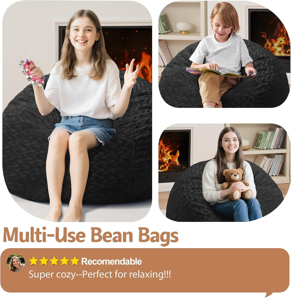 2FT Bean Bag Chair,Giant Bean Bag Chairs for Adults,Big Bean Bags with Memory Foam Filled, Large Beanbag Chairs with Chevron Plush Cover-Black