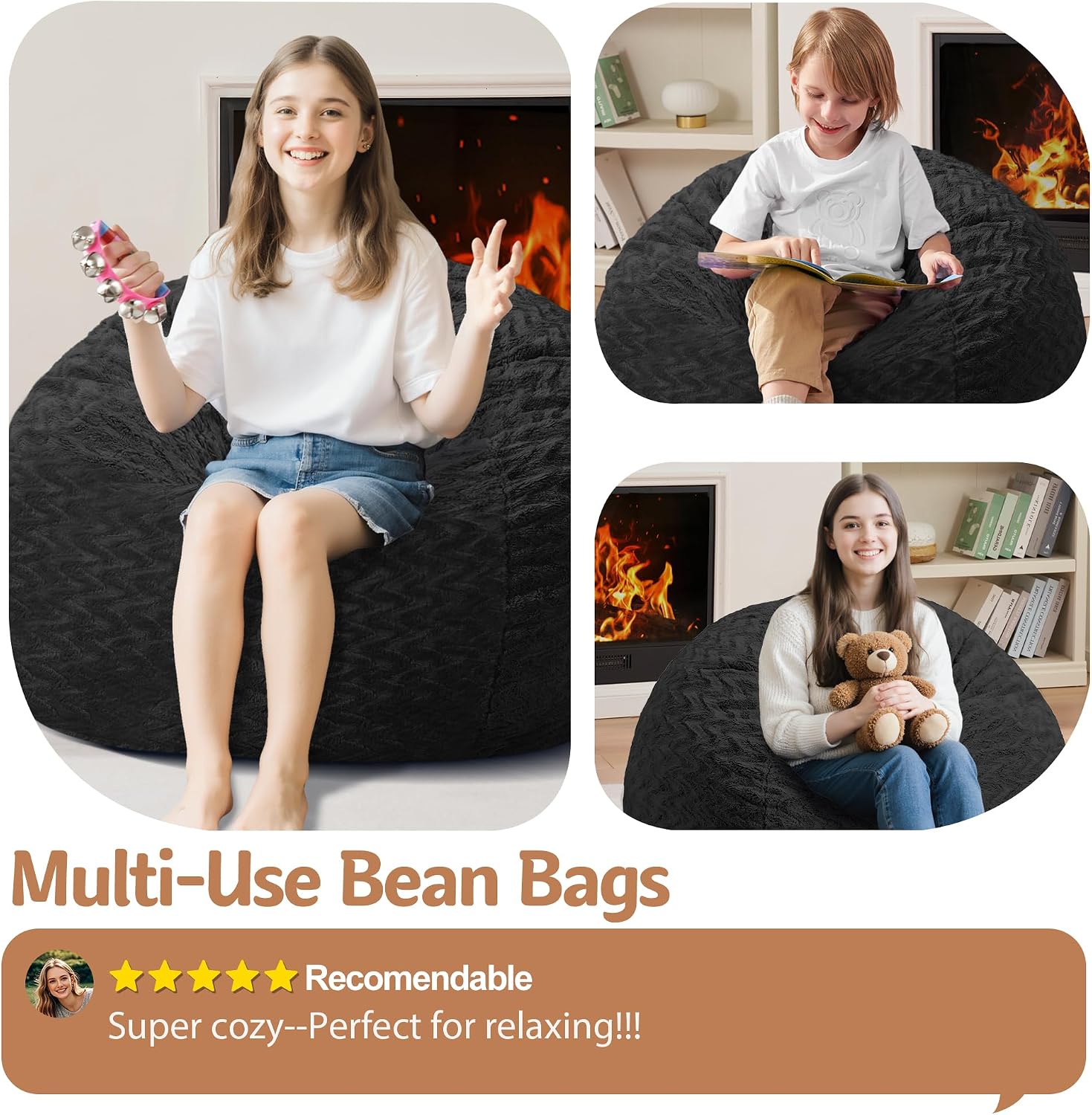 2FT Bean Bag Chair,Giant Bean Bag Chairs for Adults,Big Bean Bags with Memory Foam Filled, Large Beanbag Chairs with Chevron Plush Cover-Black